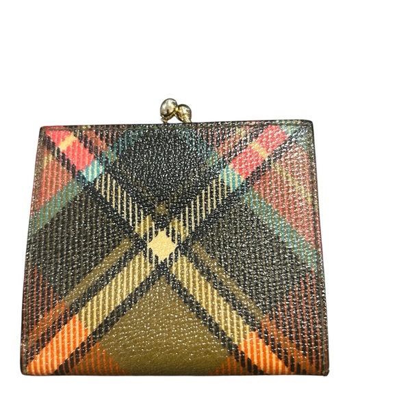 Vivienne Westwood Orange and Brown Checkered Wallet With a KISS Lock Closure - Picture 3 of 8